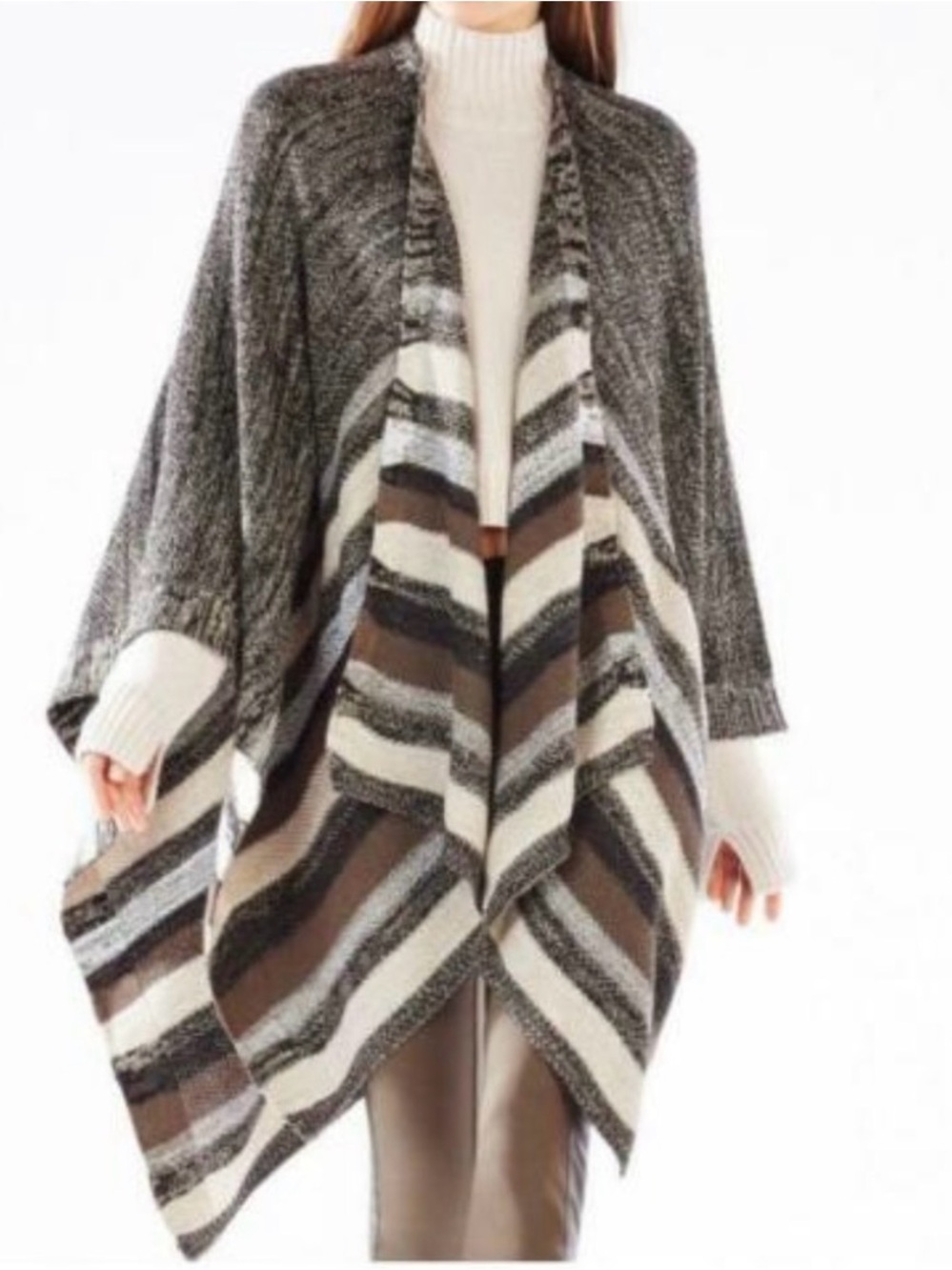 BCBGMaxAzria Striped Open-Front Poncho in Brown, Cream & Gray